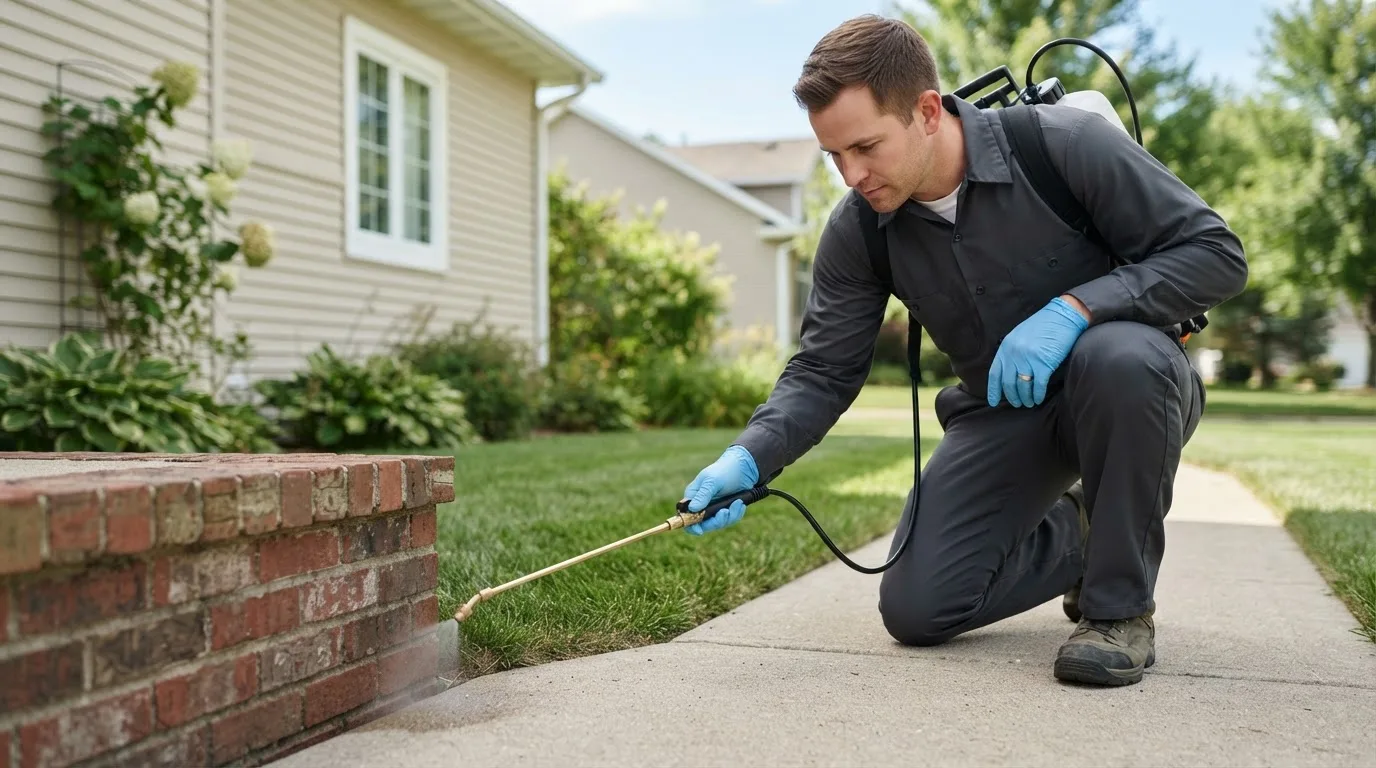 Pest control technician treating a home near Oronoco, MN